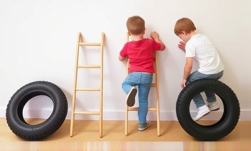 幼儿园梯子和轮胎的多种玩法